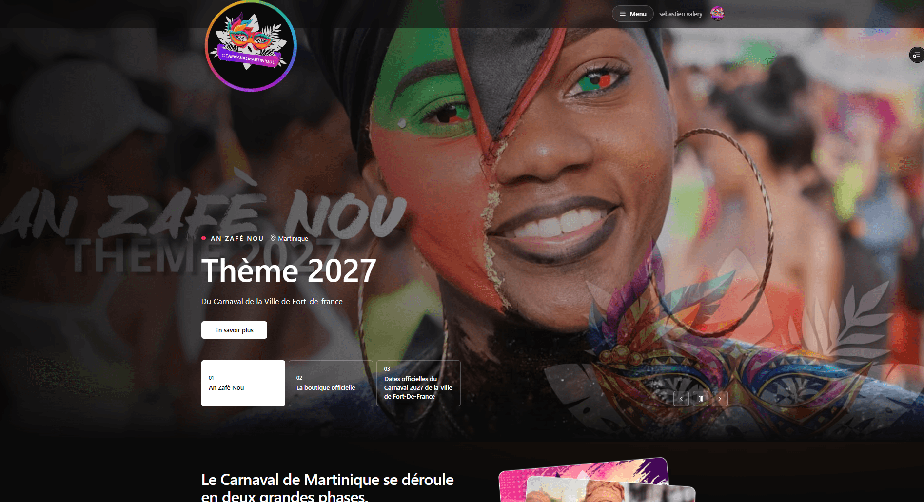 Page d'accueil de la plateforme web Carnavalmartinique.fr développée par SVLR Digital